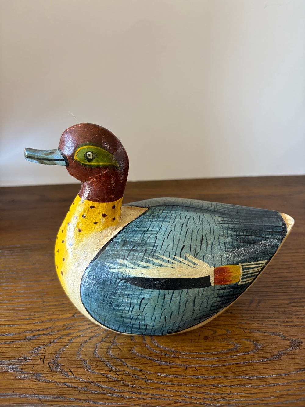 Hand-Painted Wooden Duck in Teal, Yellow & Brown